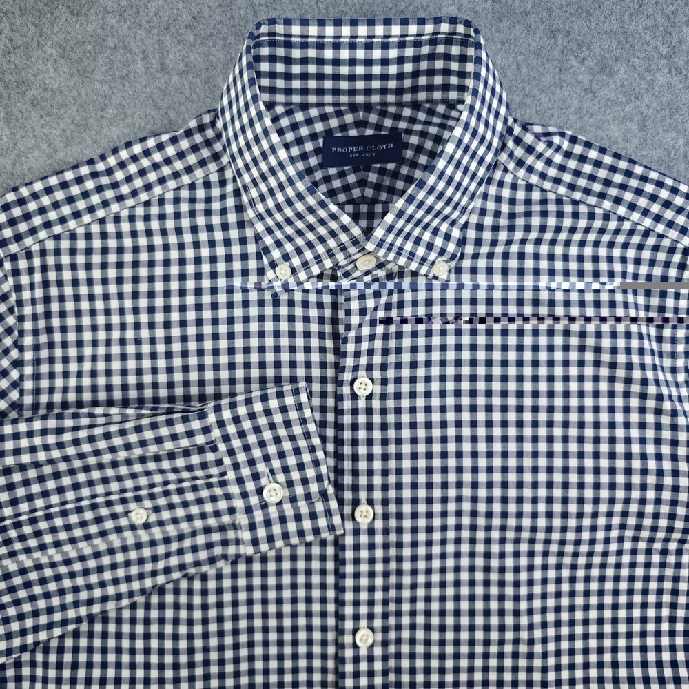 Proper Cloth Dress Shirt 17 36/37 Blue Gingham Check Slim Fit Button Down Cotton